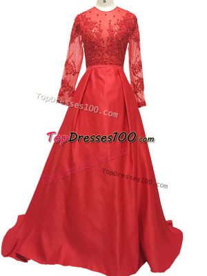 Red Elastic Woven Satin Zipper High-neck Long Sleeves Mother of Bride Dresses Brush Train Lace and Appliques