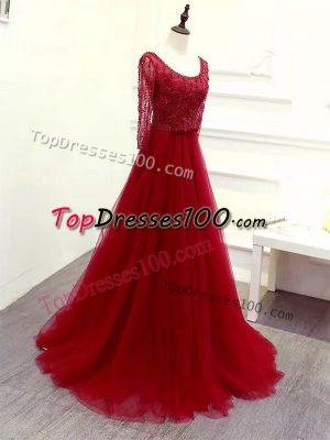 Super Wine Red Tulle Zipper Scoop Long Sleeves Celebrity Style Dress Brush Train Beading and Lace and Belt