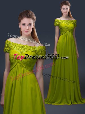 Floor Length Lace Up Mother of the Bride Dress Olive Green for Prom and Party with Appliques