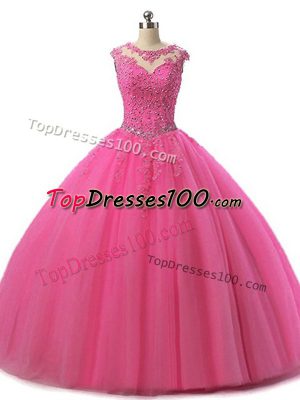 Stunning Floor Length Hot Pink Ball Gown Prom Dress Scoop Sleeveless Lace Up