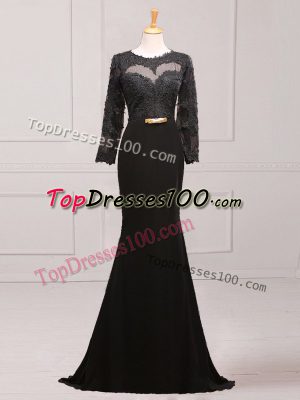 Luxurious Black Scoop Neckline Lace and Appliques and Belt Mother of the Bride Dress Long Sleeves Side Zipper