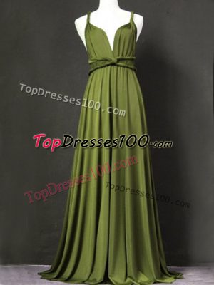 Floor Length Olive Green Quinceanera Dama Dress Chiffon Sleeveless Ruching