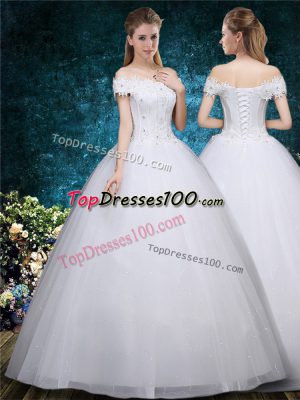 On Sale Off The Shoulder Cap Sleeves Organza Wedding Dresses Beading and Appliques Lace Up