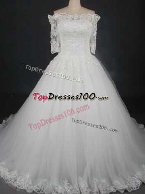 White Bridal Gown Wedding Party with Lace Off The Shoulder Half Sleeves Lace Up