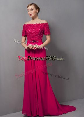 Traditional Hot Pink Mother Dresses Prom and Party with Lace Off The Shoulder Short Sleeves Sweep Train Zipper