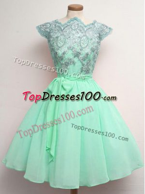 Cap Sleeves Chiffon Knee Length Lace Up Bridesmaid Dress in Apple Green with Lace and Belt