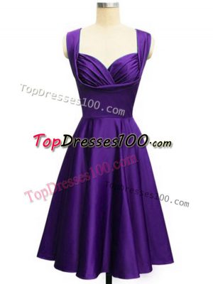 Eye-catching Purple Taffeta Lace Up Straps Sleeveless Knee Length Dama Dress for Quinceanera Ruching