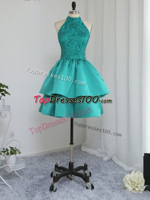 Affordable Turquoise A-line Lace and Appliques Prom Party Dress Zipper Satin Sleeveless Mini Length