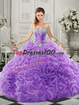 Hot Selling Lavender Quinceanera Gowns Military Ball and Sweet 16 and Quinceanera with Beading and Ruffles Sweetheart Sleeveless Court Train Lace Up