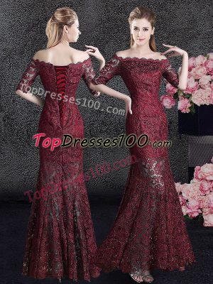 Mermaid Off the Shoulder Half Sleeves Lace Floor Length Lace Up Mother of Groom Dress in Wine Red with Lace