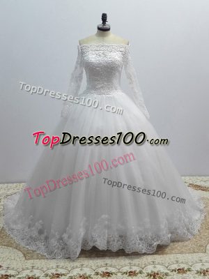 White Wedding Gowns Wedding Party with Lace Off The Shoulder Long Sleeves Brush Train Lace Up