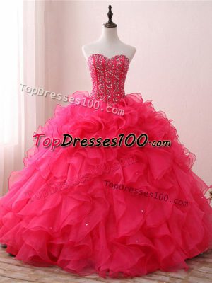 Hot Selling Hot Pink Organza Lace Up Sweetheart Sleeveless Floor Length 15th Birthday Dress Beading and Ruffles