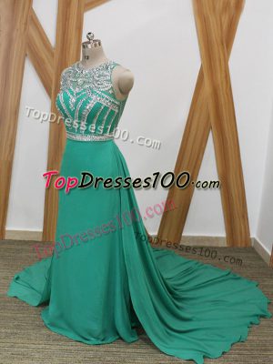 Eye-catching Scoop Sleeveless Prom Gown Watteau Train Beading Turquoise Chiffon