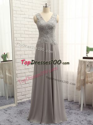 Latest Floor Length Grey Mother of Bride Dresses V-neck Sleeveless Zipper