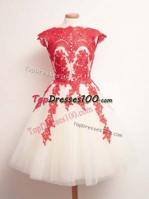 Mini Length Lace Up Quinceanera Court of Honor Dress White And Red for Prom and Party and Wedding Party with Appliques
