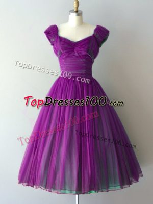 Traditional Knee Length A-line Cap Sleeves Purple Wedding Guest Dresses Lace Up