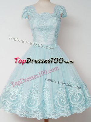 Customized Cap Sleeves Tulle Knee Length Zipper Bridesmaid Gown in Aqua Blue with Lace