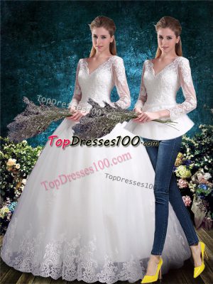 Fashionable V-neck Long Sleeves Tulle Wedding Dresses Beading and Appliques Lace Up