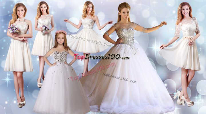 Half Sleeves Tulle Floor Length Lace Up 15 Quinceanera Dress in White with Beading