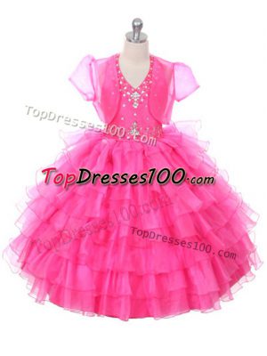 Fantastic Floor Length Lace Up Little Girls Pageant Gowns Hot Pink for Wedding Party with Beading and Ruffled Layers