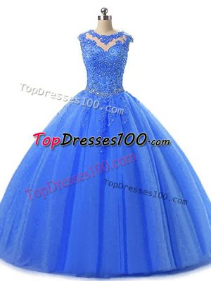 Adorable Blue Sleeveless Beading and Lace Floor Length Ball Gown Prom Dress