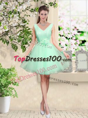Apple Green A-line Tulle V-neck Sleeveless Lace and Belt Knee Length Lace Up Bridesmaid Gown
