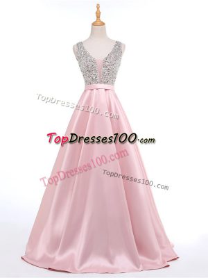 High End Elastic Woven Satin V-neck Sleeveless Brush Train Backless Beading Prom Dresses in Baby Pink