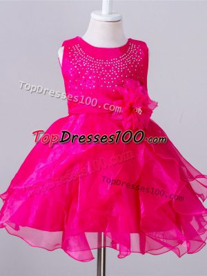 Hot Pink Zipper Scoop Beading and Hand Made Flower Flower Girl Dresses Organza Sleeveless