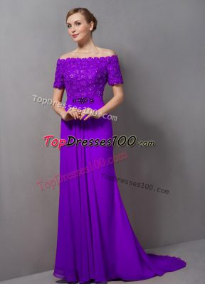 Ideal Eggplant Purple Short Sleeves Lace Zipper Mother of the Bride Dress