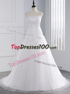 Top Selling White Lace Up Bridal Gown Beading and Appliques Sleeveless Brush Train