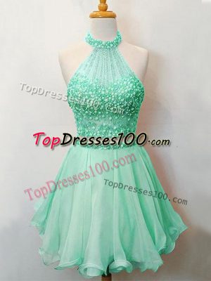 Apple Green Bridesmaid Gown Prom and Party and Wedding Party with Beading Halter Top Sleeveless Lace Up