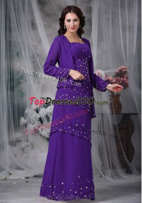 Ideal Floor Length Zipper Mother of Bride Dresses Eggplant Purple for Prom and Party with Beading