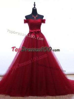 Hot Selling Burgundy A-line Off The Shoulder Sleeveless Tulle Brush Train Lace Up Ruching and Belt