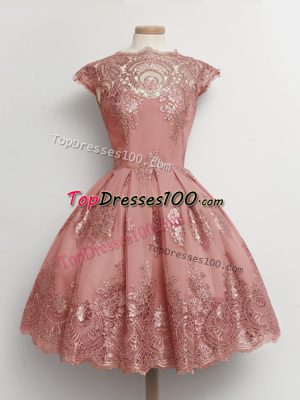 Knee Length Pink Dama Dress Tulle Cap Sleeves Lace