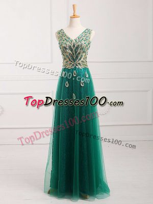 Inexpensive Dark Green Prom Dresses Prom and Party and Military Ball with Lace V-neck Sleeveless Zipper