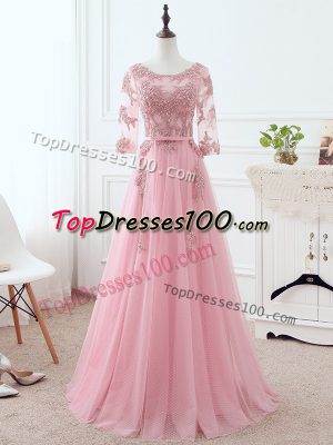 Pretty Scoop 3 4 Length Sleeve Tulle Mother of Groom Dress Lace and Appliques and Belt Lace Up