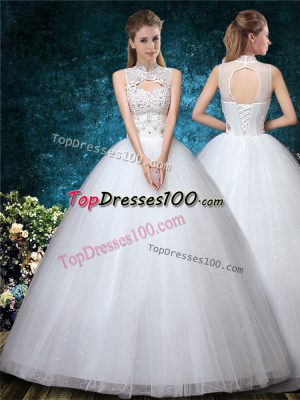 Free and Easy White Lace Up High-neck Beading and Appliques and Embroidery Wedding Gown Tulle Sleeveless
