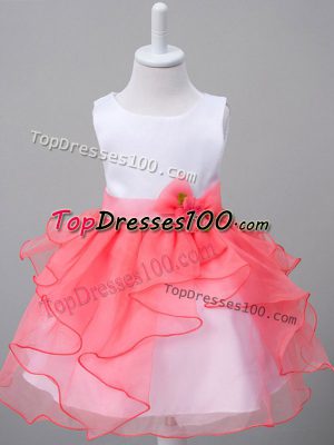 White And Red Organza Zipper Scoop Sleeveless Knee Length Flower Girl Dresses for Less Ruffles and Bowknot