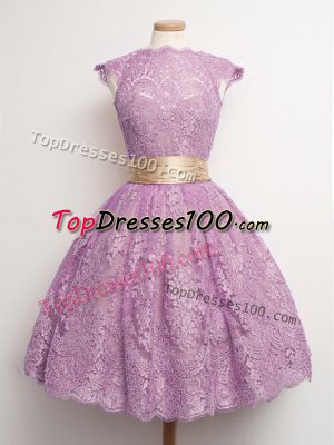 Lilac Lace Up High-neck Belt Quinceanera Dama Dress Lace Cap Sleeves