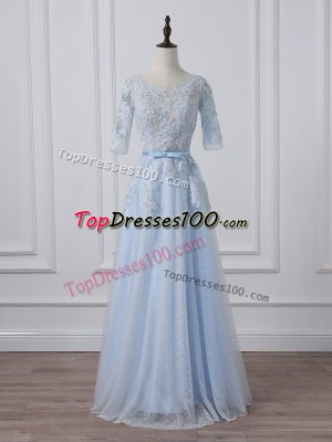 Artistic Light Blue Silk Like Satin Lace Up Mother of the Bride Dress 3 4 Length Sleeve Beading and Lace and Appliques