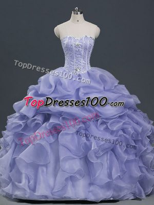 Fashion Lavender Organza Lace Up Vestidos de Quinceanera Sleeveless Floor Length Beading and Ruffles and Pick Ups