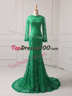 Long Sleeves Lace Brush Train Zipper Mother of Groom Dress in Green with Lace