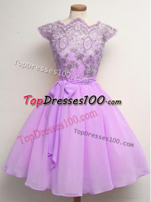 Low Price Scalloped Cap Sleeves Lace Up Wedding Guest Dresses Lilac Chiffon