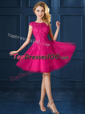 Colorful Fuchsia Tulle Lace Up Vestidos de Damas Cap Sleeves Knee Length Lace and Belt