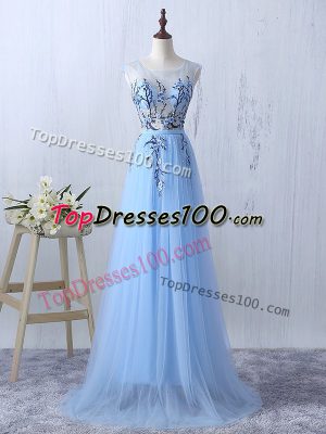 Light Blue Empire Tulle Scoop Sleeveless Appliques Floor Length Side Zipper Quinceanera Court of Honor Dress