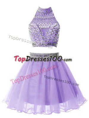 Glorious High-neck Sleeveless Bridesmaid Dress Knee Length Beading Lilac Organza