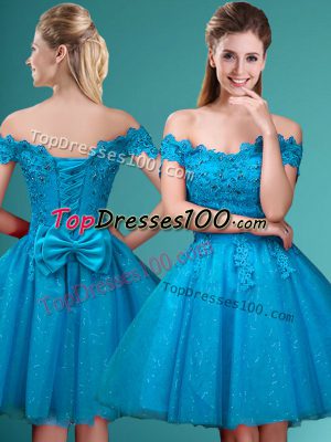 Low Price Aqua Blue A-line Off The Shoulder Cap Sleeves Tulle Knee Length Lace Up Lace and Belt Wedding Party Dress