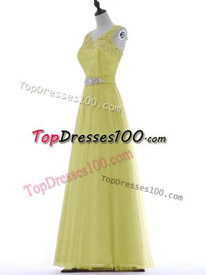 V-neck Sleeveless Dress for Prom Floor Length Beading and Lace and Appliques Yellow Tulle