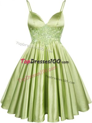 Spectacular Yellow Green A-line Spaghetti Straps Sleeveless Elastic Woven Satin Knee Length Lace Up Lace Quinceanera Dama Dress
