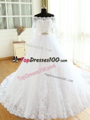 New Style Long Sleeves Court Train Beading and Lace and Appliques Zipper Wedding Gown